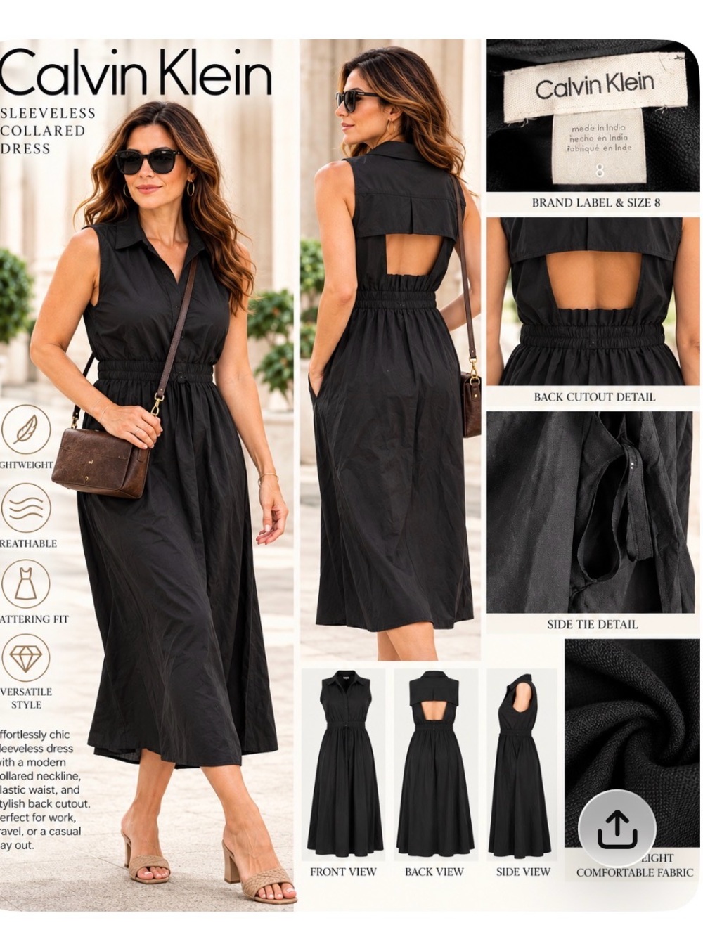 Calvin Klein Black Sleeveless Collared Midi Dress with Back Cutout
